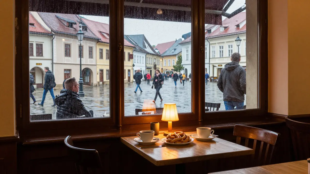Útulná kavárna v Táboře s výhledem na dešťové náměstí