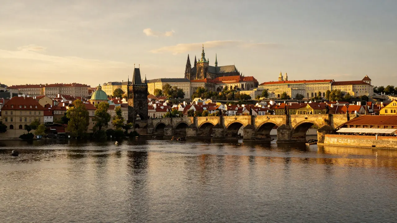 Řeka Vltava proudící historickým centrem Prahy při západu slunce