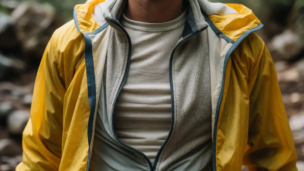 Detail vrstveného oblečení: merino tričko, fleece a membránová bunda